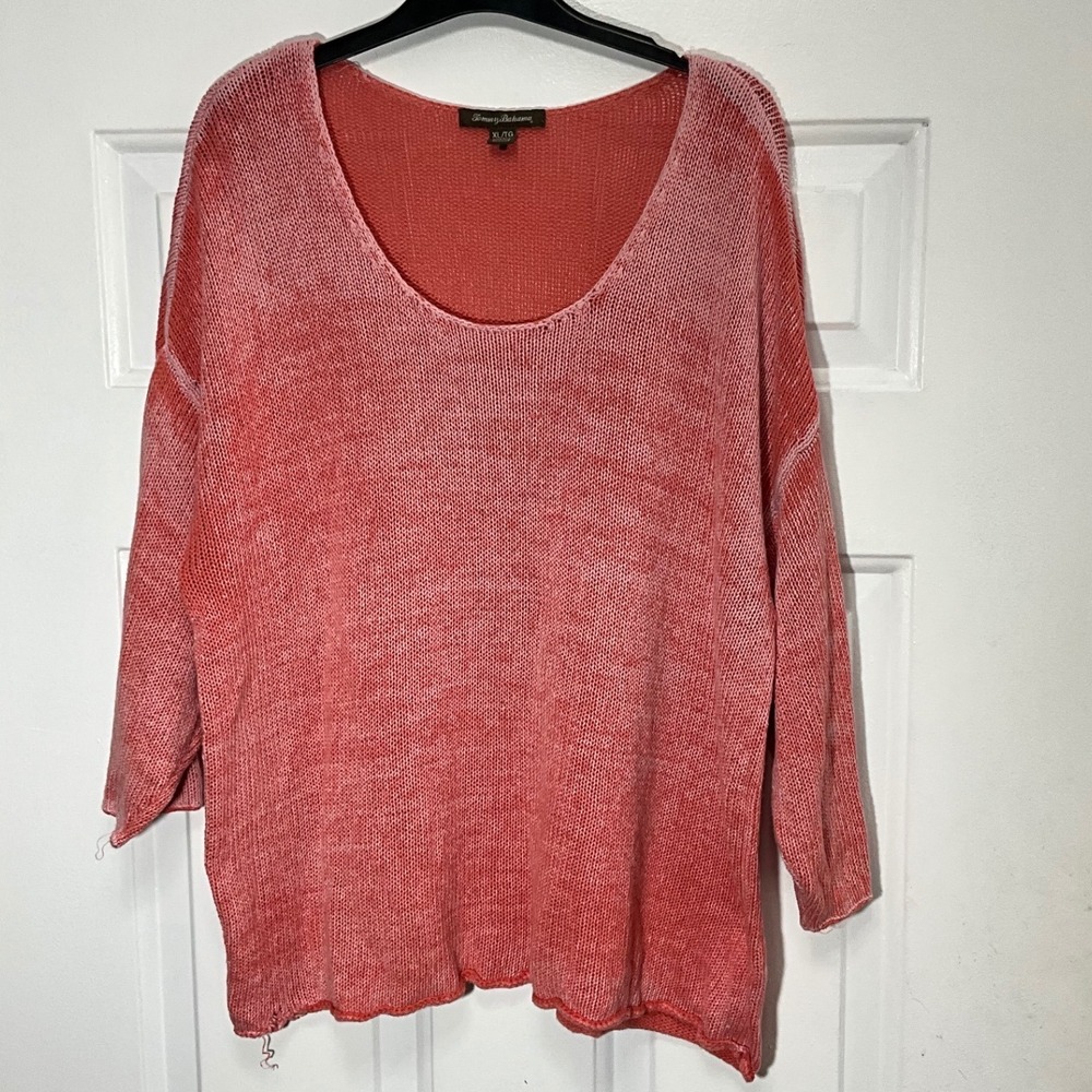 Tommy Bahama Womens XL Coral Pink Acid Wash Knit Scoop Neck Sweater 3/4 Sleeve